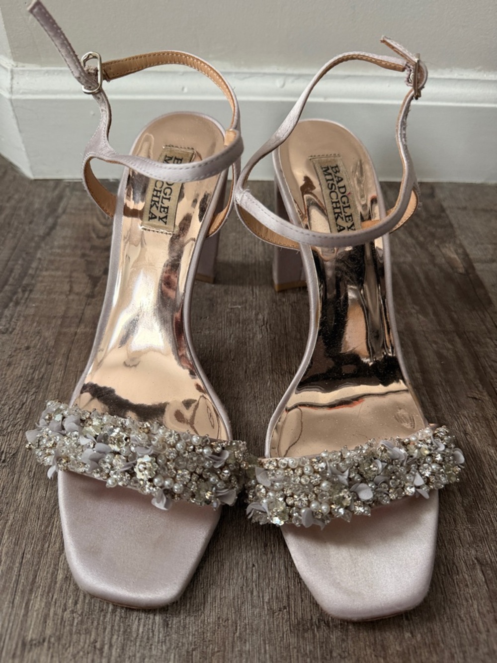 Badgley Mischka Blush Satin Embellished Ankle-Strap Heels